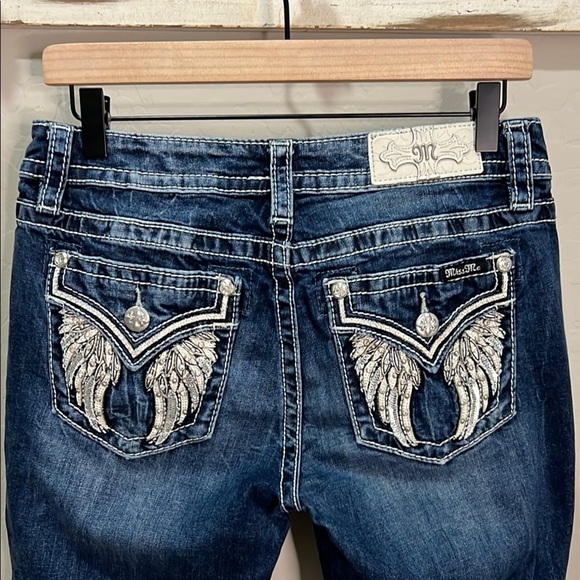 Miss Me Jeans Blue Straight Angel Wing Leather Bling Vintage Y2K Rhinestone Slim - Picture 2 of 14
